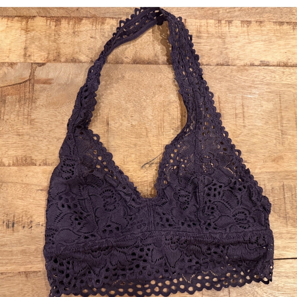 Aerie Purple Floral Lace Halter Bralette Longline Scalloped Boho Crop Top Small